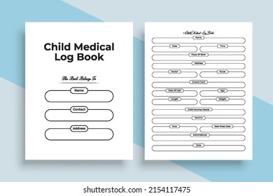 Child medical journal interior. Infant daily growth information tracker and vaccine checker template. Interior of a notebook. Child medical information and daily activities tracker interior.