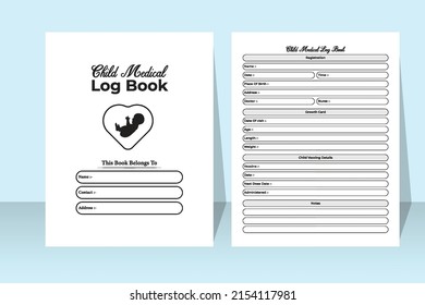 Child medical log book interior. Infant medical information tracker and vaccine register notebook template. Interior of a journal. Children's daily activities and registration notebook interior.