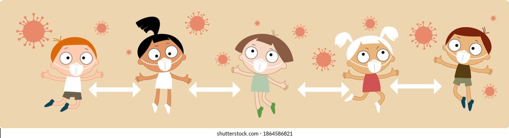 child with a medical mask on their face. child support social distancing. The concept of not spreading the virus and preventing the coronavirus. Social isolation and self-quarantine.
