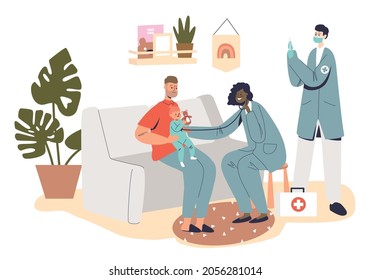 Child Medical Treatment: Professional Family Doctors Pediatrician Visit Little Kid Patient At Home. Medic Practitioner Examine Toddler. Medicine Healthcare Concept. Cartoon Flat Vector Illustration