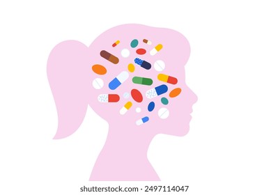 Child and medication. Little girl’s silhouette and are floating pills and drugs inside. Health care, cure and treatment among kids. Simple flat vector illustration