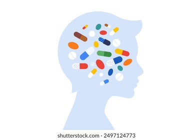 Child and medication. Little boy’s silhouette and are floating pills and drugs inside. Health care, cure and treatment among kids. Simple flat vector illustration