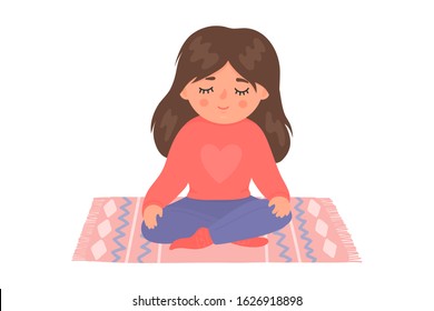 Child meditation. Little girl sitting on carpet. Cute yoga, mindfulness, relax vector illustration isolated on white background.