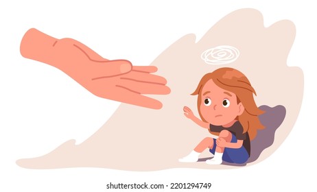 Child Mental Health Care Concept. Depression Stress, Anxiety Disorder Kid Support. Psychology Helping Hand, Psychotherapy, Parenting Problem Solving. Sad Lonely Lost Girl Character Vector Illustration