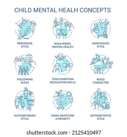 Child mental health turquoise concept icons set. Teen emotional health idea thin line color illustrations. Role model. Isolated symbols. Editable stroke. Roboto-Medium, Myriad Pro-Bold fonts used