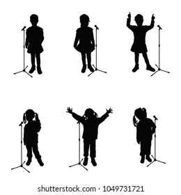 Child With Microphone Singing Black Silhouette On White