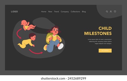 Child milestones concept. From infancy to school age, showcasing stages of human development. Birth of baby, crawling toddler, cheerful schoolgirl. Life achievements. Flat vector illustration