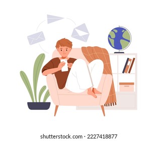 Child with mobile phone, texting messages in armchair at home. Boy surfing internet, social media with smartphone. Kid spending time online. Flat vector illustration isolated on white background