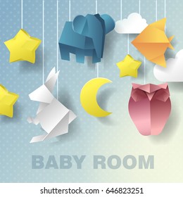 Child Mobile Room Decoration. Baby Shower Invitation. Vector Paper Cut Out Illustration