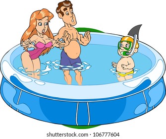 A child with Mom and Dad on holiday.Family playing inside inflatable pool.