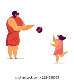 Niño y madre divirtiéndose en la playa. Jugando niño con ilustración vectorial plana de bola. Verano, infancia, concepto de vacaciones para banner, diseño de sitios web o página de inicio