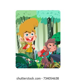 a child and a monkey went into the woods for hiking