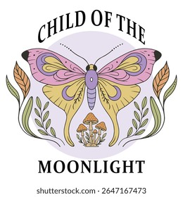 criança do luar - Boho Mystic Moth clipart, Ilustração do Inseto da traça bonita, beleza borboleta Design Sublimação