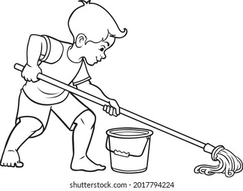 child mopping the floor vector illustration isolated on white background
