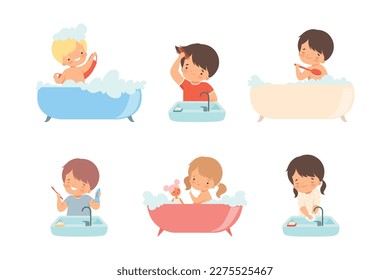 Child morning bathroom routine. Cute kids taking bath, combing hair and brushing teeth cartoon vector illustration