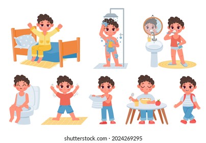 Child morning daily routine with cute cartoon boy character. Kid wake up, do hygiene, brush teeth and sit on potty. Day schedule vector set. Illustration of daily character routine