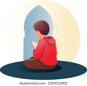 A child in a mosque with a Qur’an and reading