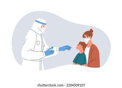 Child and mother at Covid PCR rapid test. Nurse taking swab, nasal sample of kid for medical lab research of coronavirus, corona antigen. Flat graphic vector illustration isolated on white background