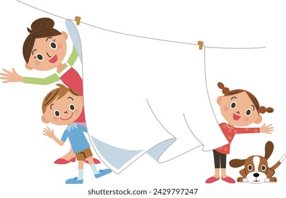 Child and mother drying washed sheets