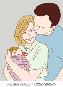Child, mother and father are together. Family vector illustration.