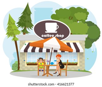 child with mother resting in a cafe in the park. child eating ice cream in a cafe. vector. summer cafe, summer cafe.