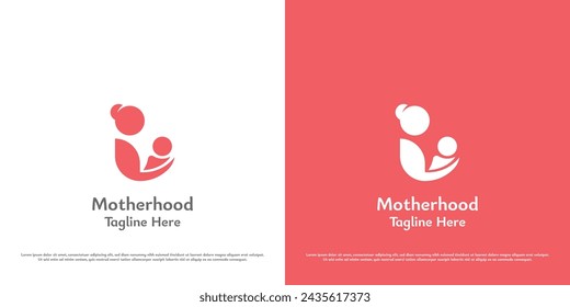 Child motherhood logo design illustration. Silhouette of mother embracing baby midwife. Symbol icon simple minimal happy soft peaceful warm abstract grateful care support help infant kid hug family.