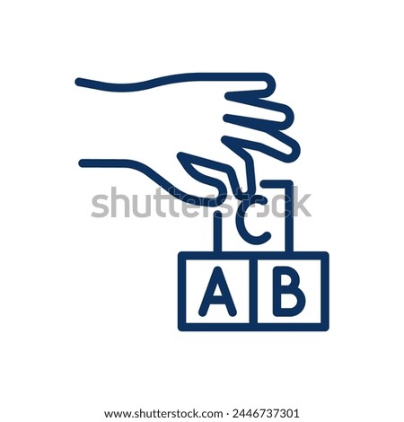 Child Motor Skills Development Icon. Thin Line Illustration of Hand Placing Alphabet Blocks, Enhancing Coordination and Learning. Isolated Outline Vector Sign.	
