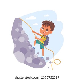 Child mountain climb cartoon illustration. Boy with backbag climbs a rope up a rock. Active extreme recreation. Flat vector design. Reaching goal hiking high up.