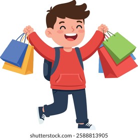 The child moves joyfully while carrying shopping bags.