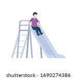 Child moving down hill, character in casual clothes, portrait view of kid, metal slide. Activity outdoor, element of entertainment boy on slope vector