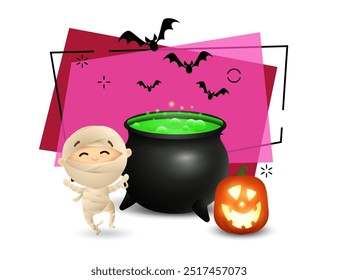 Niño en traje de momia, poción hirviendo en caldero y linterna de calabaza. Murciélagos voladores sobre fondo. Diseño de invitación o Anuncio. Concepto de Halloween. Ilustración vectorial para el cartel, postal, Anuncio