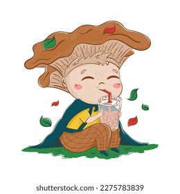 child with a mushroom hat drinks bubble tea in a clearing. Fairytale cartoon cheerful character