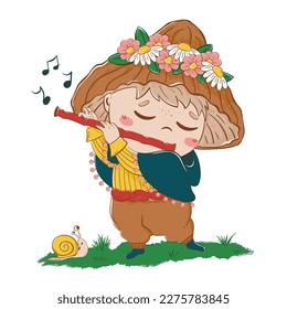 child with a mushroom hat plays music in a pipe in a clearing. Fairytale cartoon cheerful character