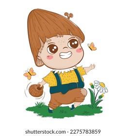 A child with a mushroom hat walks cheerfully with a basket in a clearing. Fairytale cartoon cheerful character