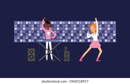 Child Music Band, Talented Teenage Boy and Girl Playing Synthesizer and Singing on Stage Vector Illustration