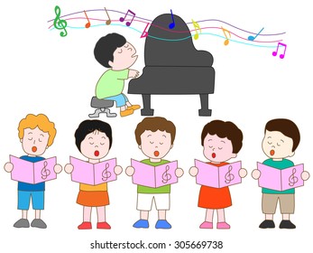The child of the music presentation stands by a chorus