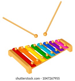 child musical instrument xylophone with eight colored metal plates isolated on white background
