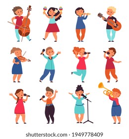 Child musicians. Children play instruments, music kids group. Isolated cartoon musical concert characters, talent kid singer decent vector set