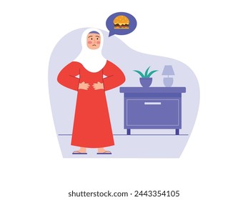 A child Muslim woman is learning to fasting during the month of Ramadan, hungry for a burger. Character design. Vector flat illustration