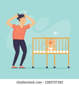 Child is naughty, the man is annoyed. Flat design vector illustration.