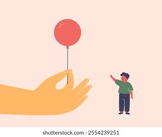 Child needs help and support from adults. Big hand gives the boy a balloon. Trust and encouragement of kids from family, teachers, friends. Vector illustration