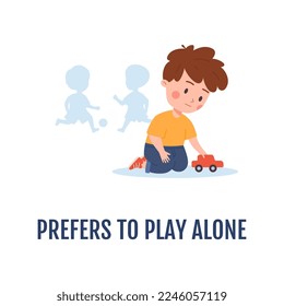 Child with neurological disorder of autism prefers to play alone, flat vector illustration isolated on white background. Autism early diagnostic in children.