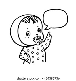 Child. Newborn. Raised hand. Pacifier in his mouth. Graphic arts. Drawn in black marker on a white background. Isolated. Bubble. Line. Clothing with polka dots.