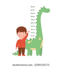 Child next to height meter scale in shape of dino, flat vector illustration isolated on white background. Growth stadiometer chart for children height measurement.
