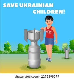 Child next to an unexploded bomb in a field. Save children from war. Vector illustration against the war in Ukraine.