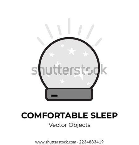 Child night light vector isolated. Comfortable sleeping illustration black white line cute nightlight vector. Good night concept cartoon retro sphere lamp with stars against sleep disorder insomnia