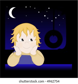 Child at night thinking about playing on a rope swing, vector.