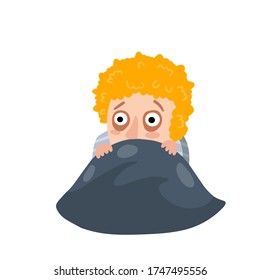 Child nightmare  Concept night fear  Boy hides under blanket  Children phobia  Funny drawing  Flat cartoon isolated white background