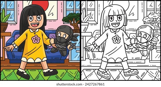 Child with Ninja Plushie Coloring Illustration