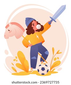 Child with no pronounced gender. Happy confident child playing with toys. Girl who prefers toys traditionally preferred by boys. Toys do not dictate gender of child. Vector cartoon illustration. 